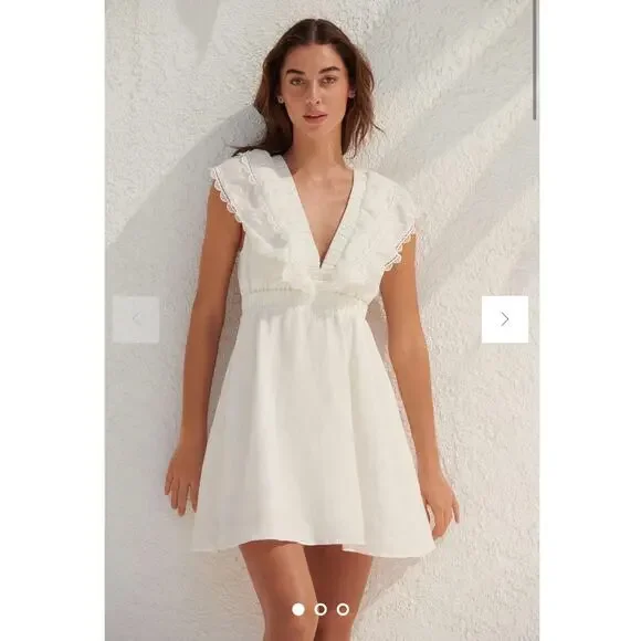 Anthropologie We Are Sundays NWT Aurora Linen Mini Dress White Ruffle Backless - Picture 1 of 12
